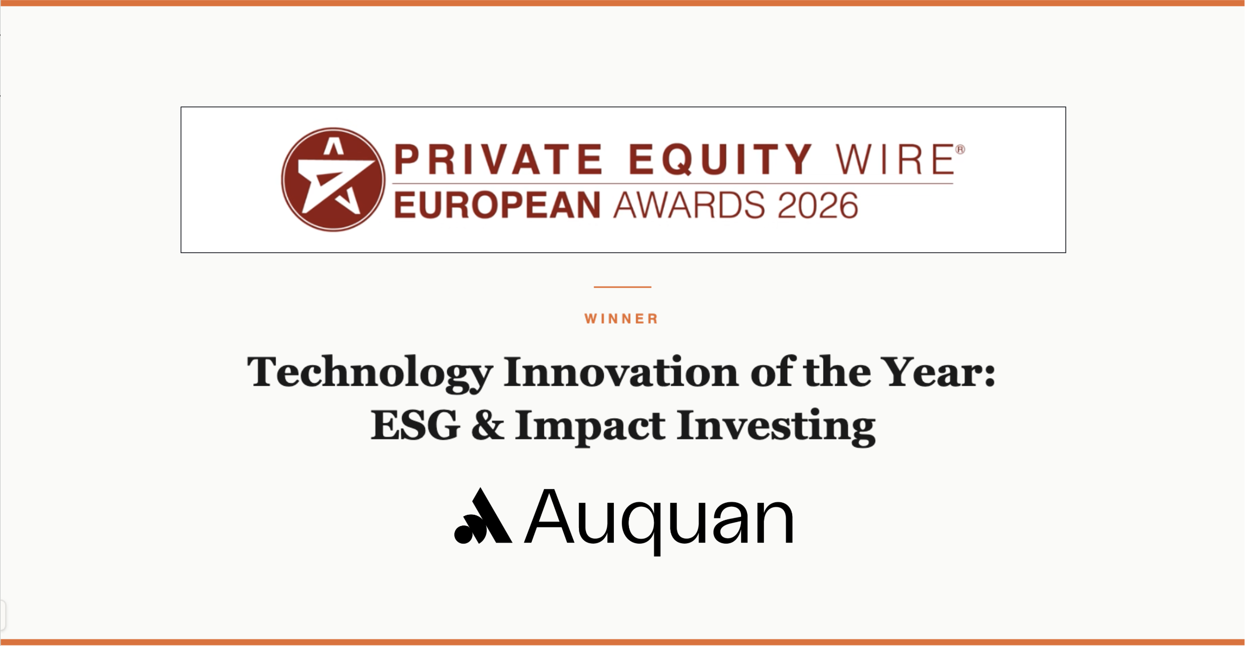 Auquan Named Technology Innovation of the Year for ESG & Impact Investing at the Private Equity Wire European Awards 2026